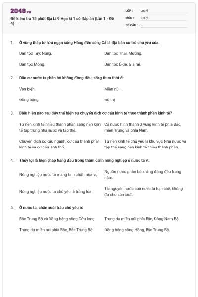 Đề kiểm tra 15 phút Địa Lí 9 Học kì 1 có đáp án (Lần 1 - Đề 4)