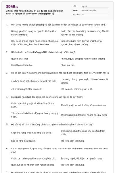 32 câu  Trắc nghiệm GDCD 11 Bài 12 (có đáp án): Chính sách tài nguyên và bảo vệ môi trường (phần 2)
