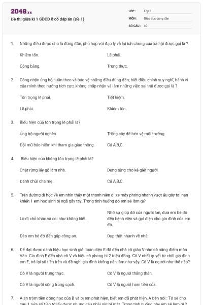 Đề thi giữa kì 1 GDCD 8 có đáp án (Đề 1)