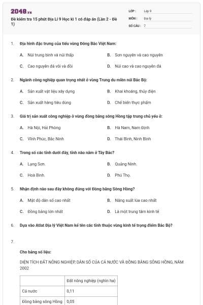 Đề kiểm tra 15 phút Địa Lí 9 Học kì 1 có đáp án (Lần 2 - Đề 1)