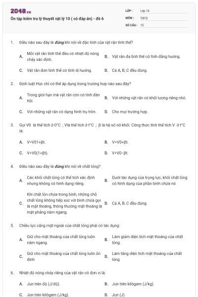 Ôn tập kiểm tra lý thuyết vật lý 10 ( có đáp án) - đề 6