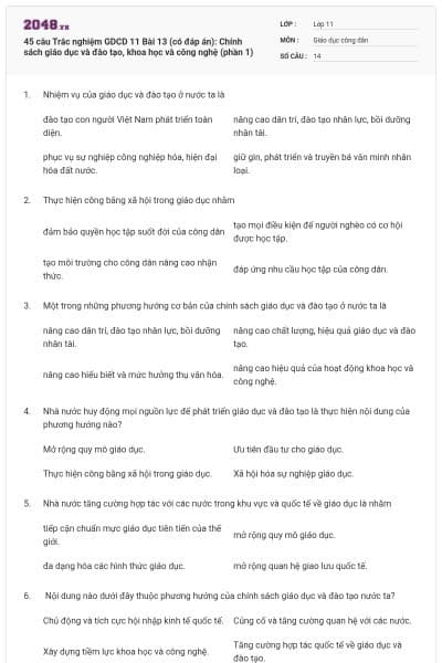 45 câu Trắc nghiệm GDCD 11 Bài 13 (có đáp án): Chính sách giáo dục và đào tạo, khoa học và công nghệ (phần 1)
