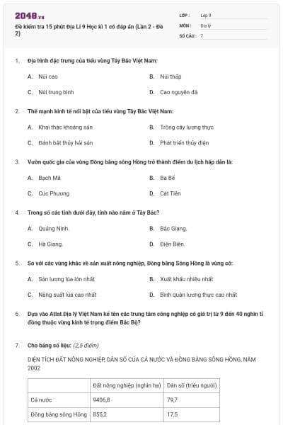 Đề kiểm tra 15 phút Địa Lí 9 Học kì 1 có đáp án (Lần 2 - Đề 2)