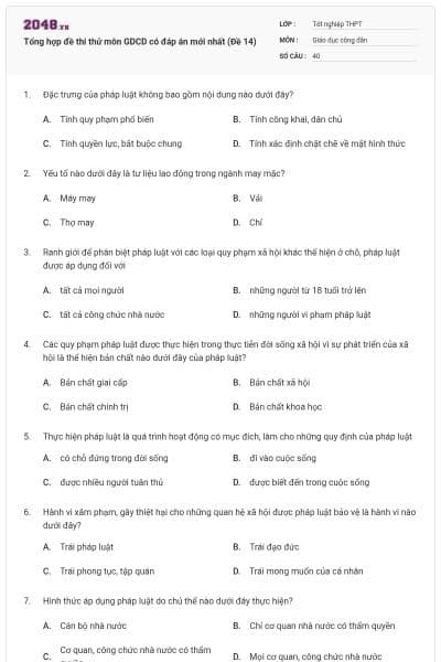 Tổng hợp đề thi thử môn GDCD có đáp án mới nhất (Đề 14)