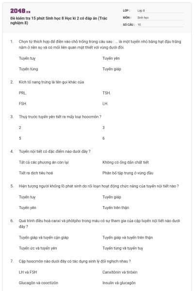 Đề kiểm tra 15 phút Sinh học 8 Học kì 2 có đáp án (Trắc nghiệm 8)