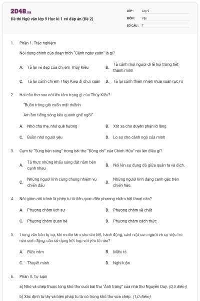 Đề thi Ngữ văn lớp 9 Học kì 1 có đáp án (Đề 2)