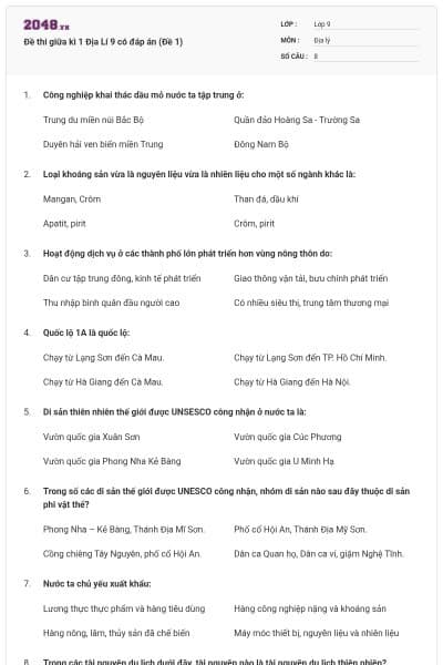 Đề thi giữa kì 1 Địa Lí 9 có đáp án (Đề 1)