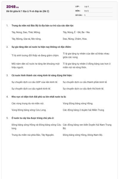 Đề thi giữa kì 1 Địa Lí 9 có đáp án (Đề 2)