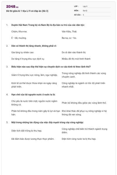 Đề thi giữa kì 1 Địa Lí 9 có đáp án (Đề 3)