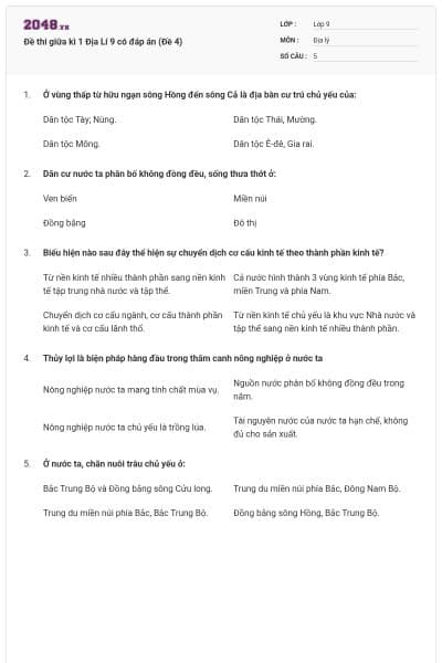 Đề thi giữa kì 1 Địa Lí 9 có đáp án (Đề 4)