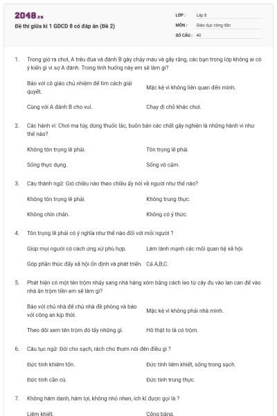 Đề thi giữa kì 1 GDCD 8 có đáp án (Đề 2)