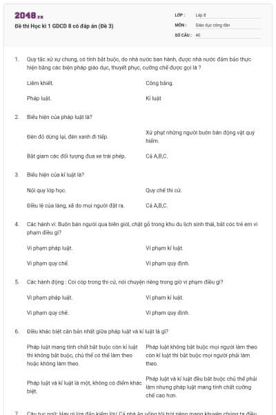 Đề thi Học kì 1 GDCD 8 có đáp án (Đề 3)