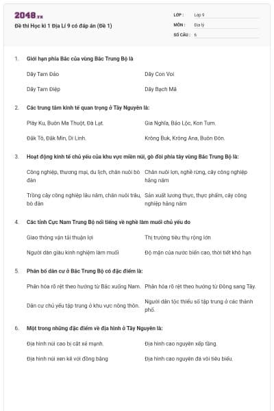 Đề thi Học kì 1 Địa Lí 9 có đáp án (Đề 1)