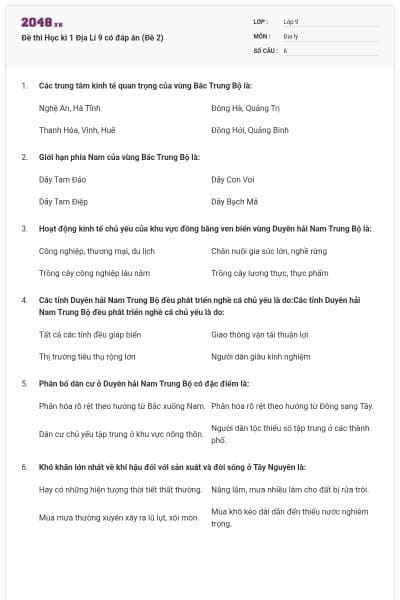 Đề thi Học kì 1 Địa Lí 9 có đáp án (Đề 2)