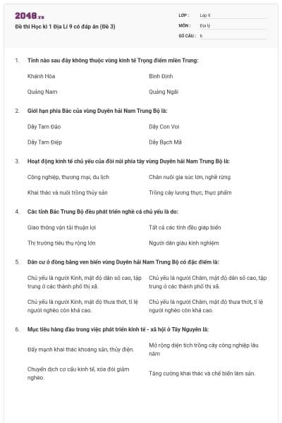 Đề thi Học kì 1 Địa Lí 9 có đáp án (Đề 3)