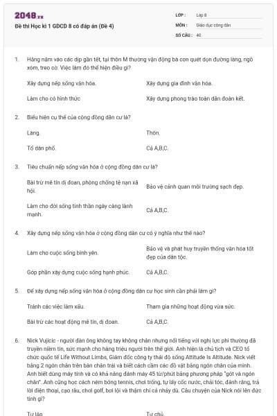 Đề thi Học kì 1 GDCD 8 có đáp án (Đề 4)