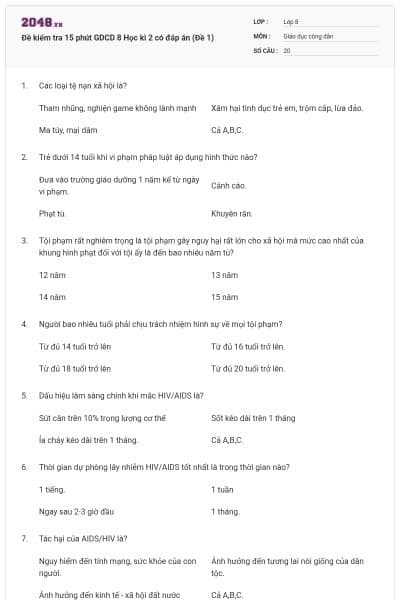 Đề kiểm tra 15 phút GDCD 8 Học kì 2 có đáp án (Đề 1)