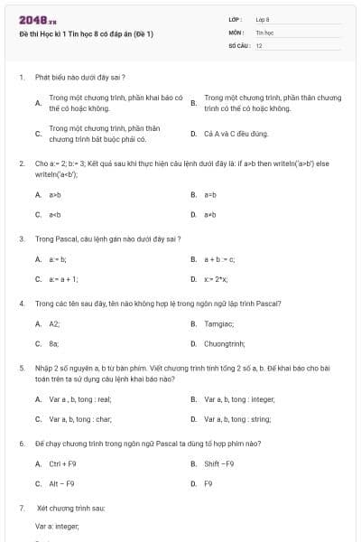 Đề thi Học kì 1 Tin học 8 có đáp án (Đề 1)