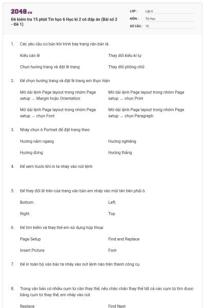 Đề kiểm tra 15 phút Tin học 6 Học kì 2 có đáp án (Bài số 2 - Đề 1)