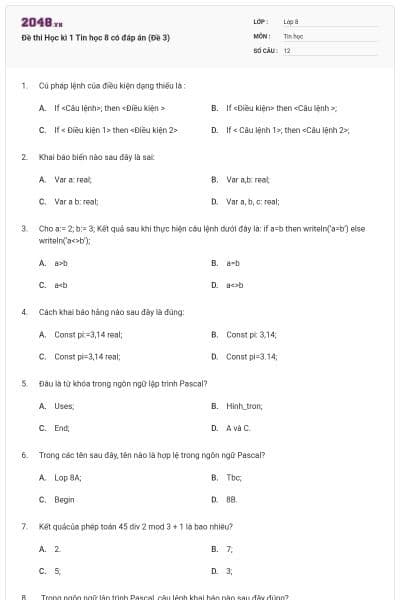 Đề thi Học kì 1 Tin học 8 có đáp án (Đề 3)