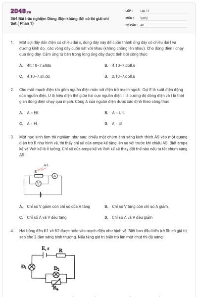 364 Bài trắc nghiệm Dòng điện không đổi có lời giải chi tiết ( Phần 1)