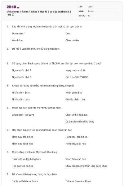 Đề kiểm tra 15 phút Tin học 6 Học kì 2 có đáp án (Bài số 2 - Đề 2)