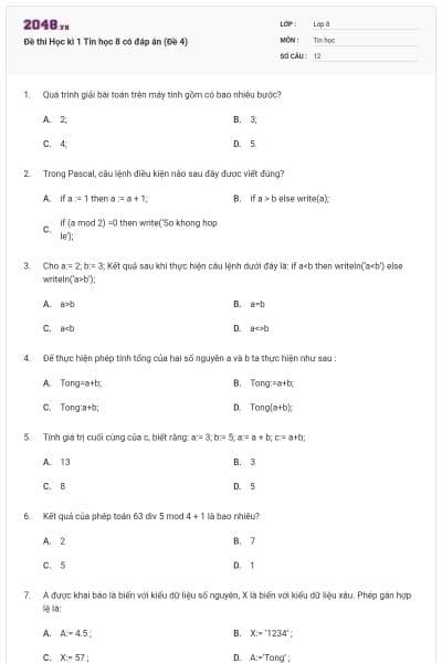 Đề thi Học kì 1 Tin học 8 có đáp án (Đề 4)