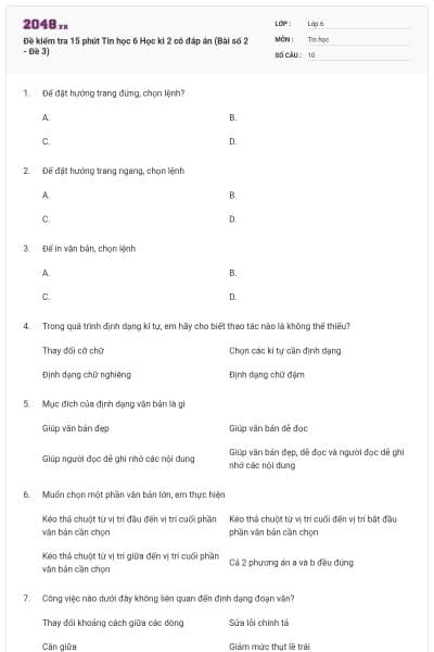 Đề kiểm tra 15 phút Tin học 6 Học kì 2 có đáp án (Bài số 2 - Đề 3)