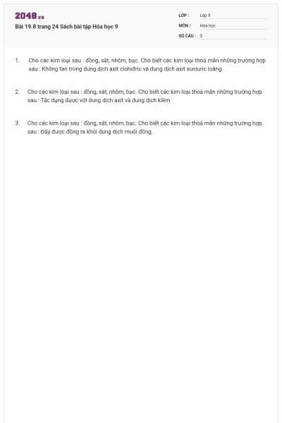 Bài 19.8 trang 24 Sách bài tập Hóa học 9