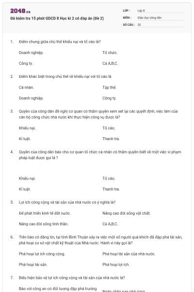 Đề kiểm tra 15 phút GDCD 8 Học kì 2 có đáp án (Đề 2)