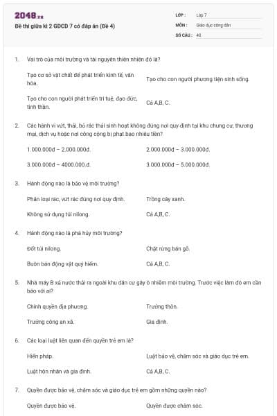Đề thi giữa kì 2 GDCD 7 có đáp án (Đề 4)