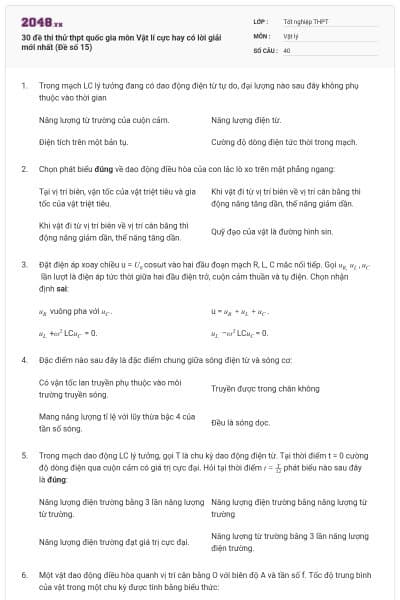30 đề thi thử thpt quốc gia môn Vật lí cực hay có lời giải mới nhất (Đề số 15)
