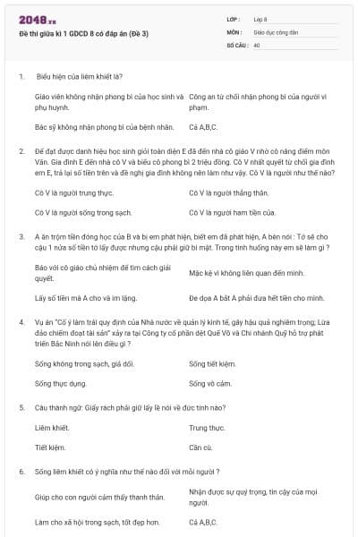Đề thi giữa kì 1 GDCD 8 có đáp án (Đề 3)