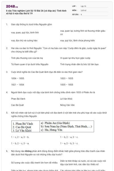 6 câu Trắc nghiệm Lịch Sử 10 Bài 26 (có đáp án): Tình hình xã hội ở nửa đầu thế kỉ 19
