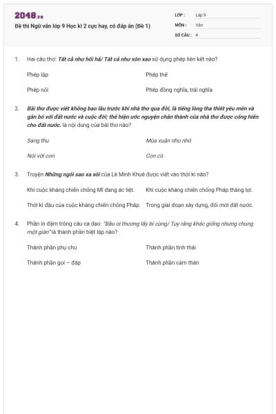 Đề thi Ngữ văn lớp 9 Học kì 2 cực hay, có đáp án (Đề 1)