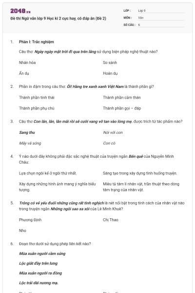 Đề thi Ngữ văn lớp 9 Học kì 2 cực hay, có đáp án (Đề 2)