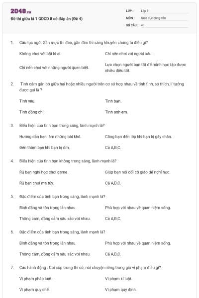 Đề thi giữa kì 1 GDCD 8 có đáp án (Đề 4)