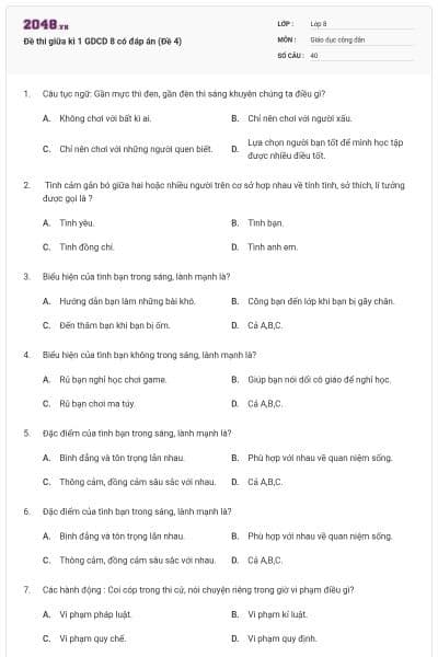 Đề thi giữa kì 1 GDCD 8 có đáp án (Đề 4)