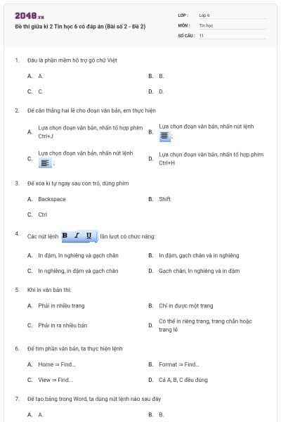 Đề thi giữa kì 2 Tin học 6 có đáp án (Bài số 2 - Đề 2)