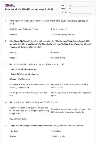 Đề thi Ngữ văn lớp 9 Học kì 2 cực hay, có đáp án (Đề 2)