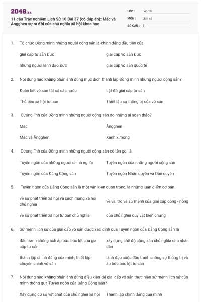 11 câu Trắc nghiệm Lịch Sử 10 Bài 37 (có đáp án): Mác và Ăngghen sự ra đời của chủ nghĩa xã hội khoa học