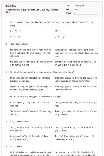 5 Đề thi thử THPT quốc gia môn Vật Lí cực hay có lời giải - Đề 1