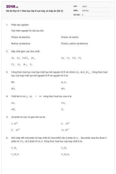 Đề thi Học kì 1 Hóa học lớp 8 cực hay, có đáp án (Đề 2)