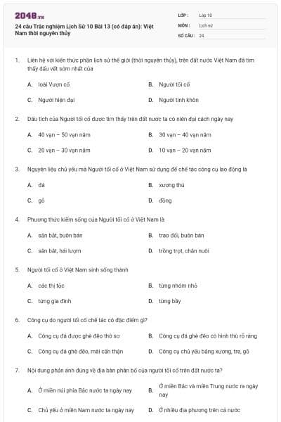 24 câu Trắc nghiệm Lịch Sử 10 Bài 13 (có đáp án): Việt Nam thời nguyên thủy