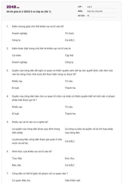 Đề thi giữa kì 2 GDCD 8 có đáp án (Đề 1)