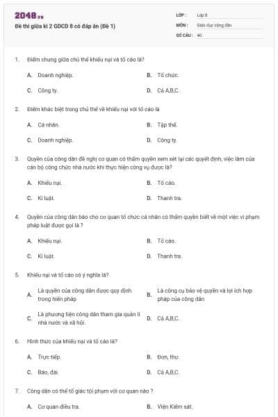 Đề thi giữa kì 2 GDCD 8 có đáp án (Đề 1)