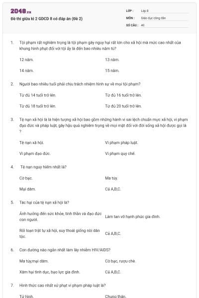 Đề thi giữa kì 2 GDCD 8 có đáp án (Đề 2)