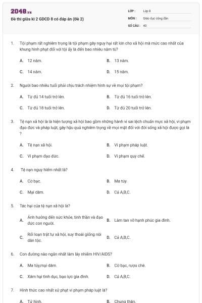 Đề thi giữa kì 2 GDCD 8 có đáp án (Đề 2)