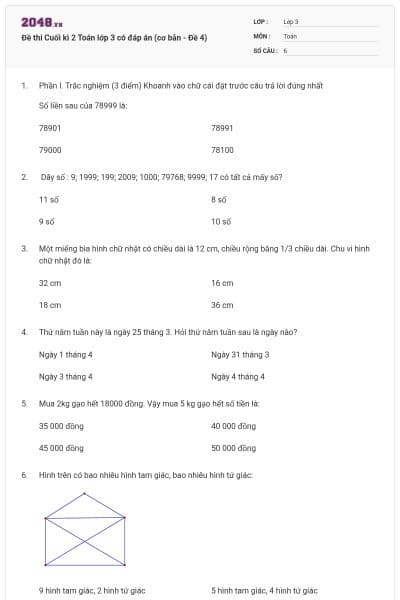 Đề thi Cuối kì 2 Toán lớp 3 có đáp án (cơ bản - Đề 4)