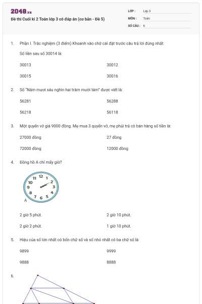 Đề thi Cuối kì 2 Toán lớp 3 có đáp án (cơ bản - Đề 5)
